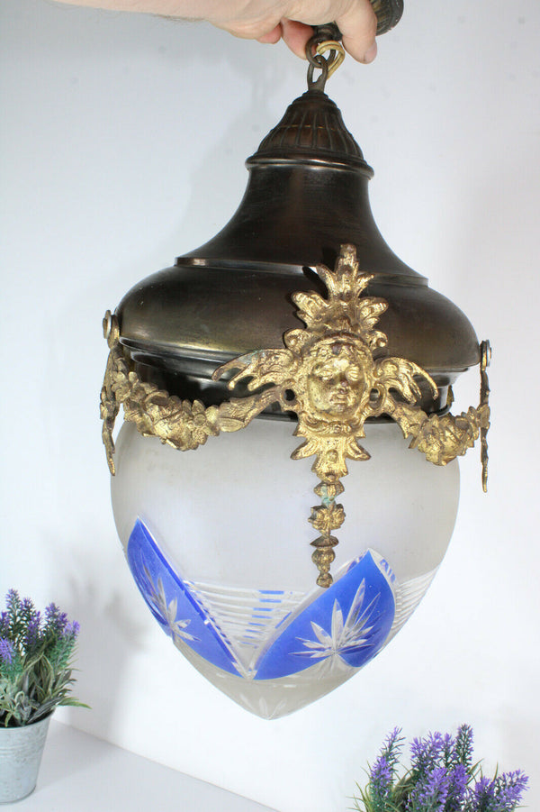 Antique french metal brass Caryatid Crystal glass acorn shade chandelier lamp