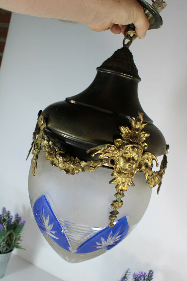 Antique french metal brass Caryatid Crystal glass acorn shade chandelier lamp