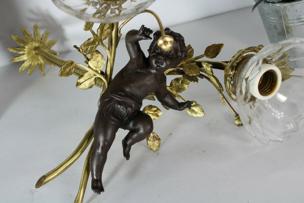Vintage Bronze brass French cherub putti angel pendant lamp chandelier