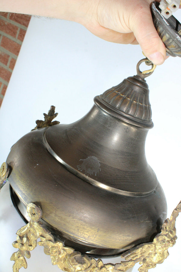 Antique french metal brass Caryatid Crystal glass acorn shade chandelier lamp