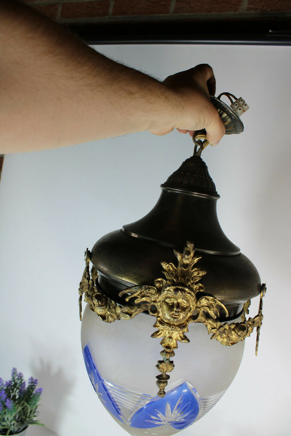 Antique french metal brass Caryatid Crystal glass acorn shade chandelier lamp