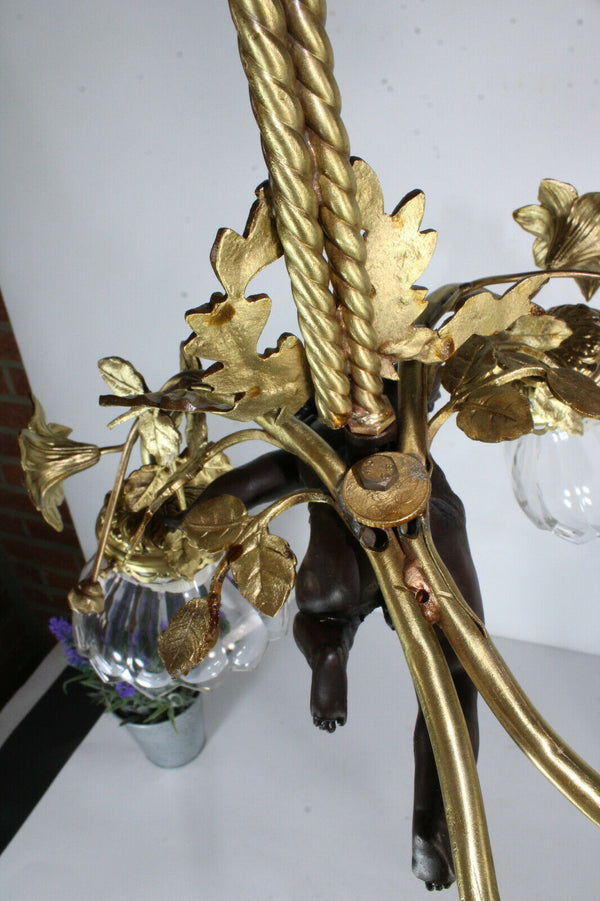 Vintage Bronze brass French cherub putti angel pendant lamp chandelier