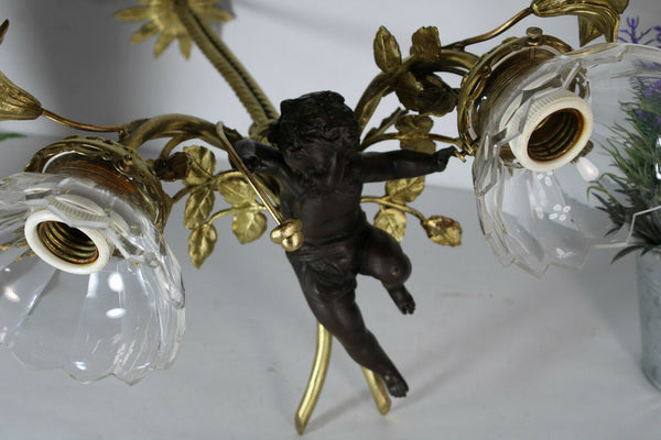 Vintage Bronze brass French cherub putti angel pendant lamp chandelier