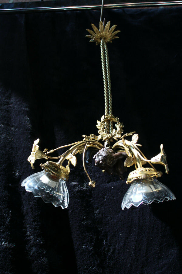 Vintage Bronze brass French cherub putti angel pendant lamp chandelier
