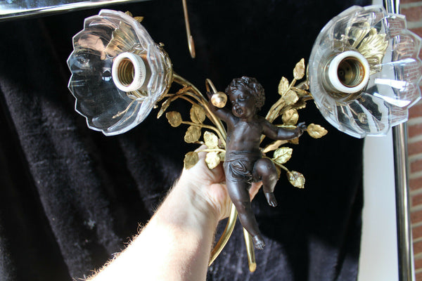 Vintage Bronze brass French cherub putti angel pendant lamp chandelier