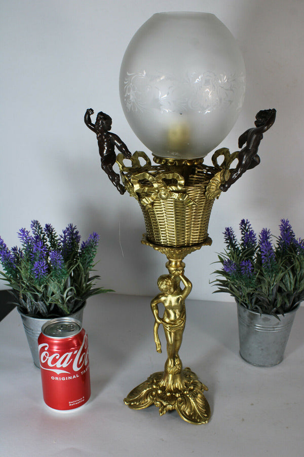 Antique French bronze brass glass putti cherub table lamp rare