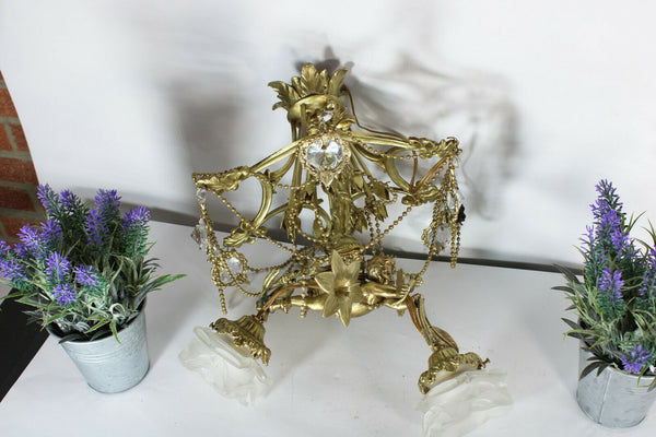 Vintage Bronze glass French cherub putti angel pendant lamp chandelier