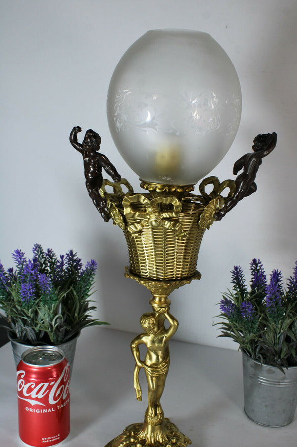 Antique French bronze brass glass putti cherub table lamp rare