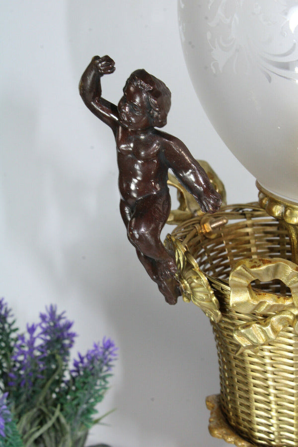 Antique French bronze brass glass putti cherub table lamp rare