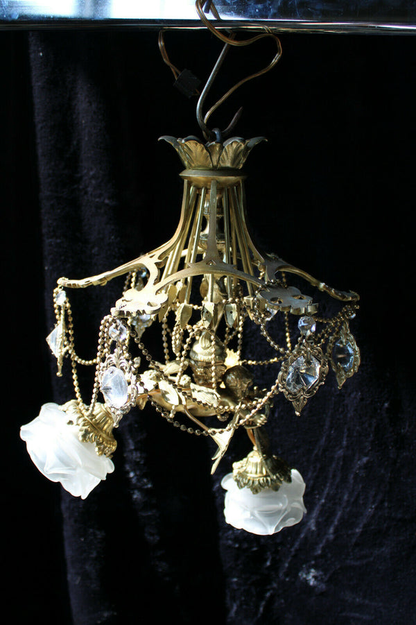 Vintage Bronze glass French cherub putti angel pendant lamp chandelier