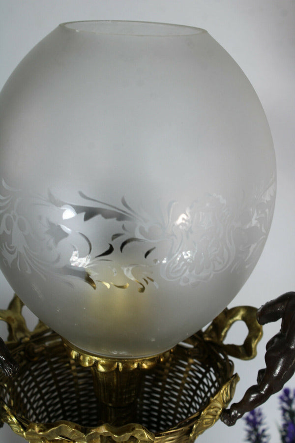 Antique French bronze brass glass putti cherub table lamp rare