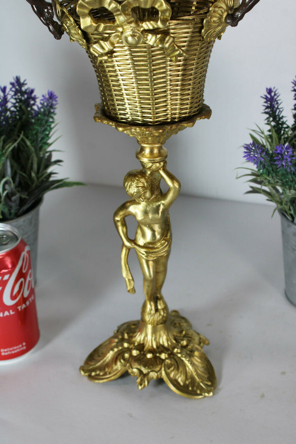 Antique French bronze brass glass putti cherub table lamp rare
