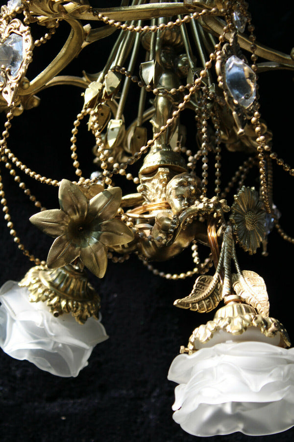 Vintage Bronze glass French cherub putti angel pendant lamp chandelier