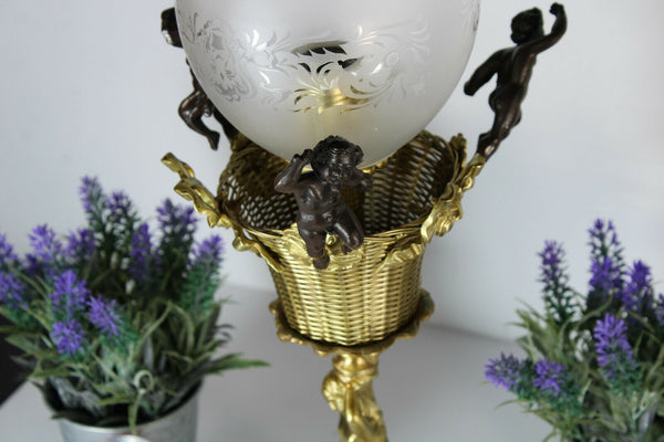Antique French bronze brass glass putti cherub table lamp rare