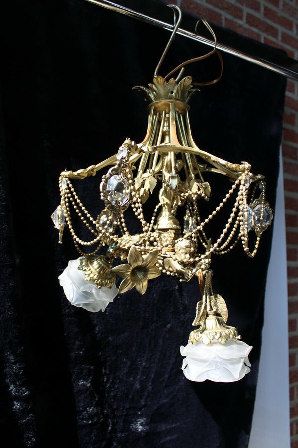 Vintage Bronze glass French cherub putti angel pendant lamp chandelier