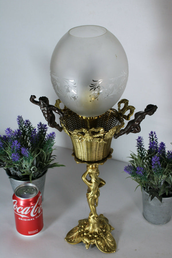 Antique French bronze brass glass putti cherub table lamp rare