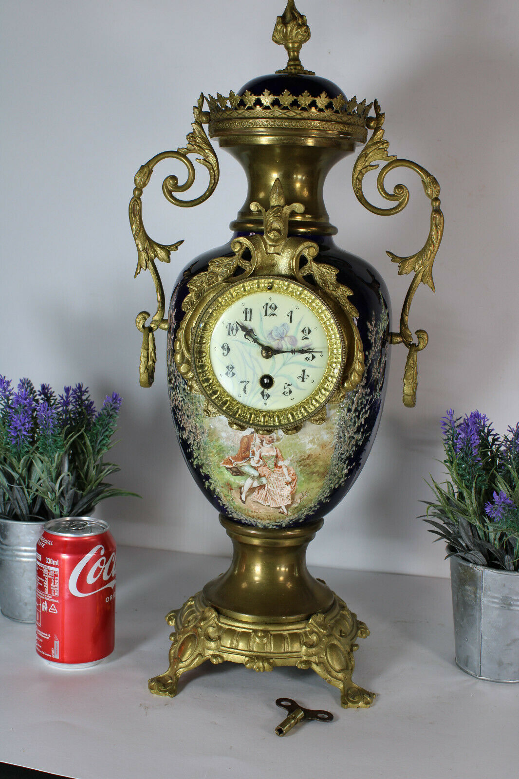 Antique French faience porcelain romantic mantel clock