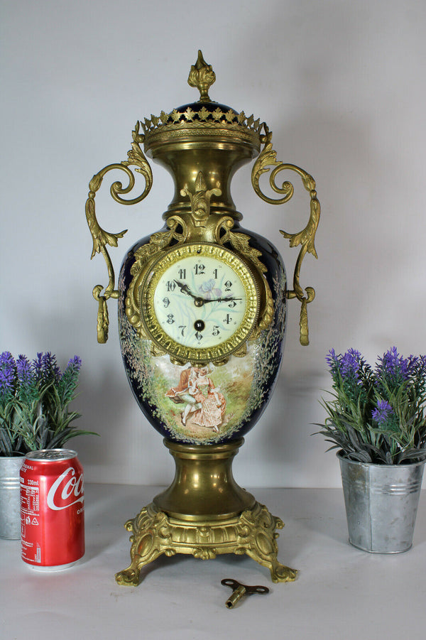 Antique French faience porcelain romantic mantel clock