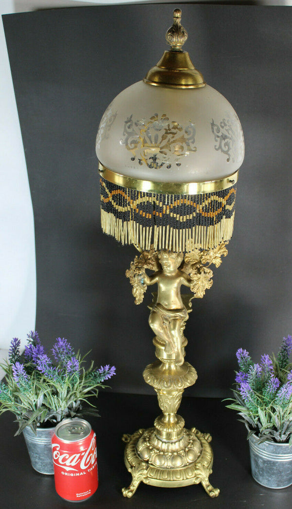 Antique bronze cherub putti table lamp glass rare