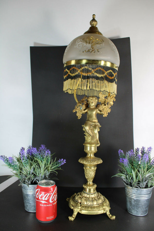Antique bronze cherub putti table lamp glass rare
