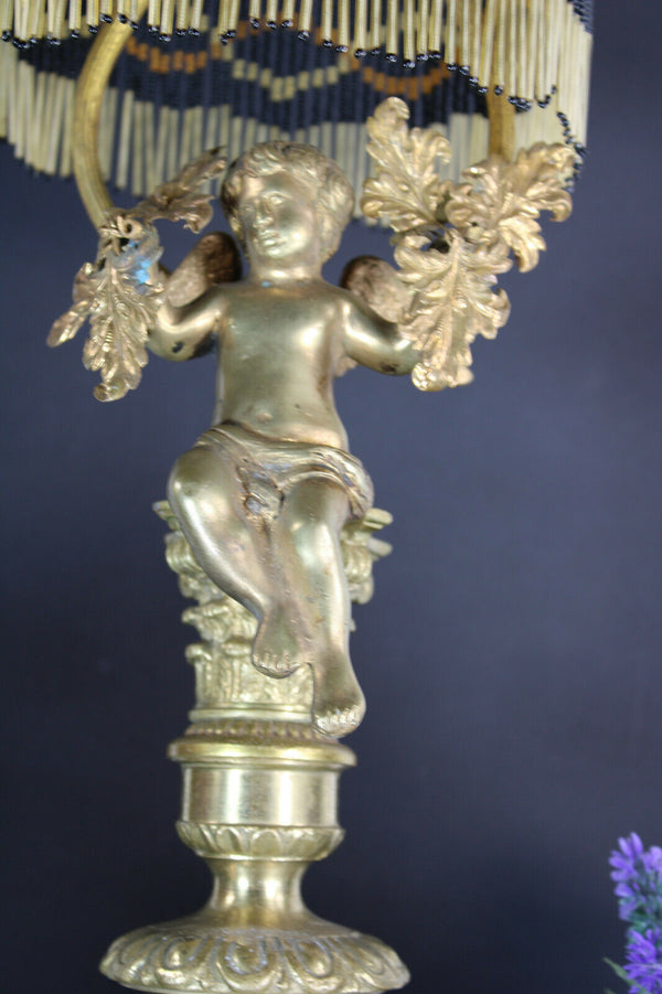Antique bronze cherub putti table lamp glass rare