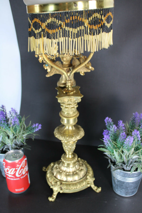Antique bronze cherub putti table lamp glass rare