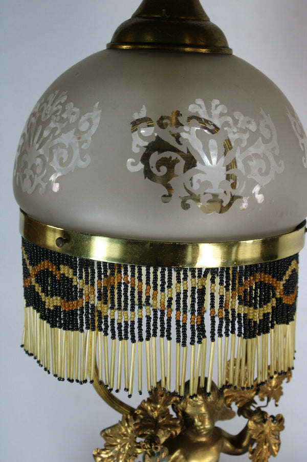 Antique bronze cherub putti table lamp glass rare