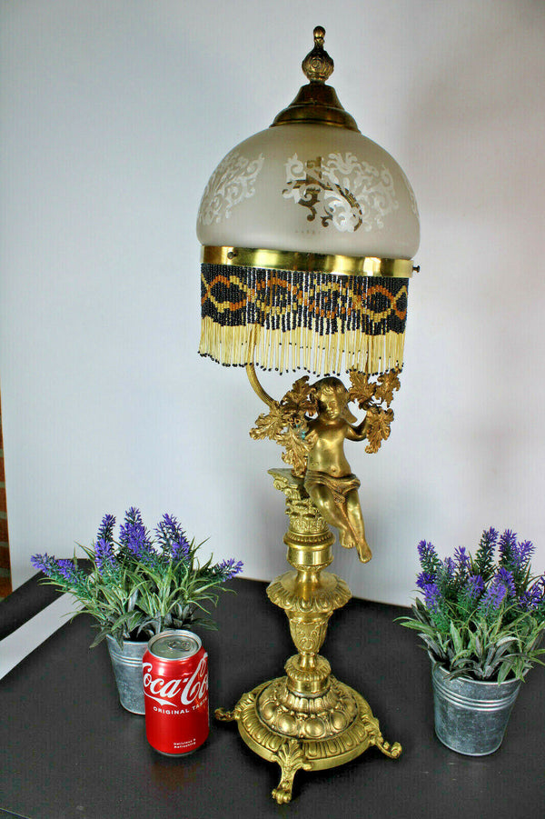 Antique bronze cherub putti table lamp glass rare