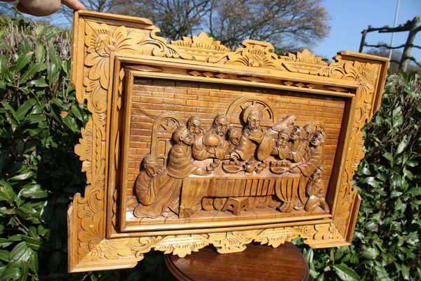 Vintage 1950 Wood carved italian 1960 LAst supper relief wall panel religious