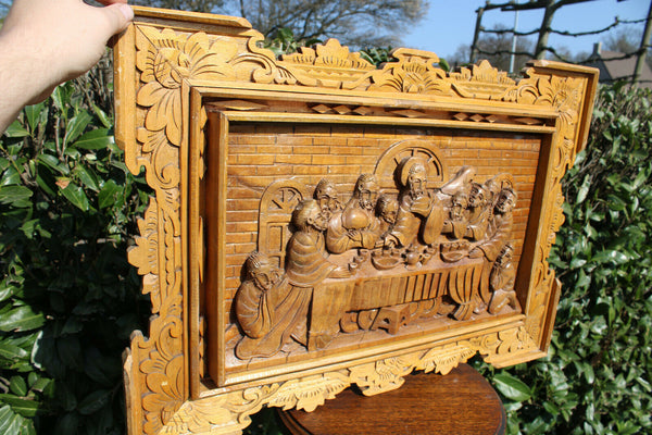 Vintage 1950 Wood carved italian 1960 LAst supper relief wall panel religious