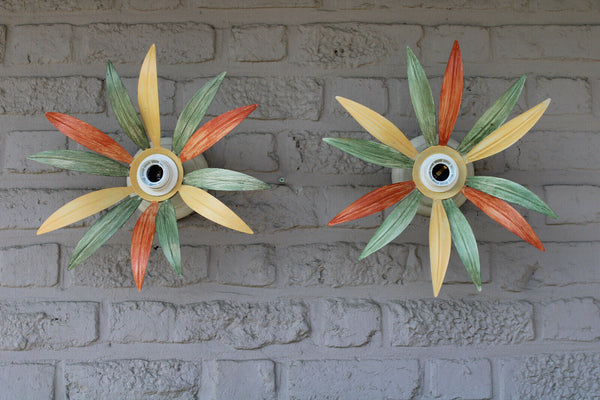 PAIR mid century 1970 MASSIVE marked Sunburst leaf Wall lights sconces