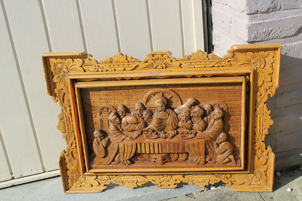 Vintage 1950 Wood carved italian 1960 LAst supper relief wall panel religious