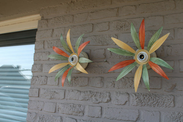 PAIR mid century 1970 MASSIVE marked Sunburst leaf Wall lights sconces