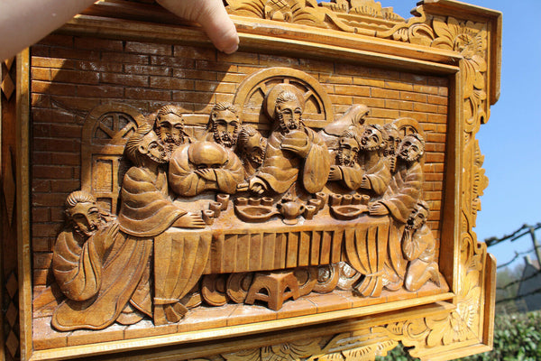 Vintage 1950 Wood carved italian 1960 LAst supper relief wall panel religious