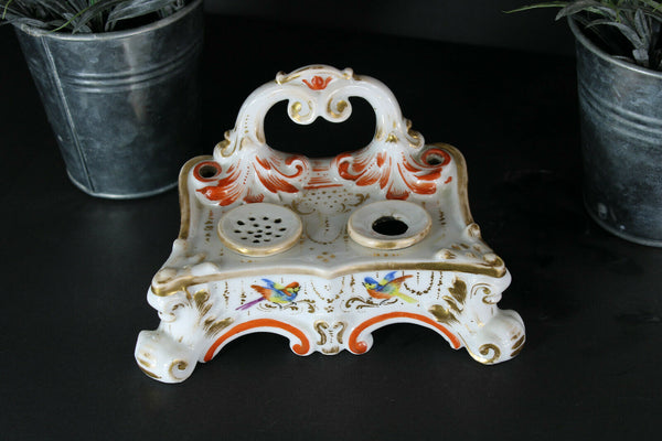 antique french porcelain floral birds decor inkwell