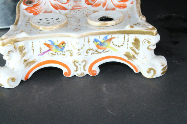 antique french porcelain floral birds decor inkwell