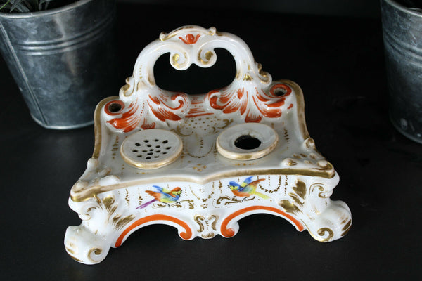 antique french porcelain floral birds decor inkwell