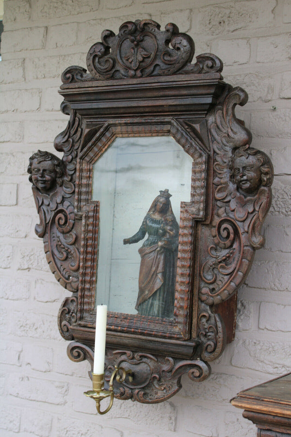 Antique XL 1800 Wood carved church wall chapel angels madonna candle holder rare