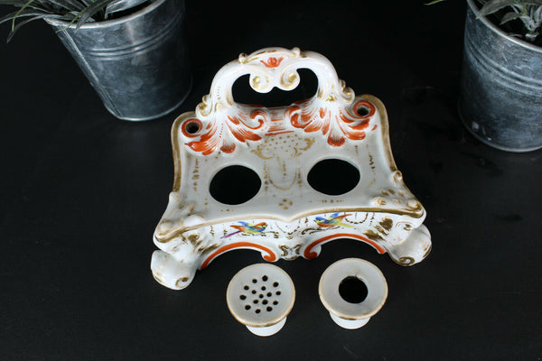 antique french porcelain floral birds decor inkwell