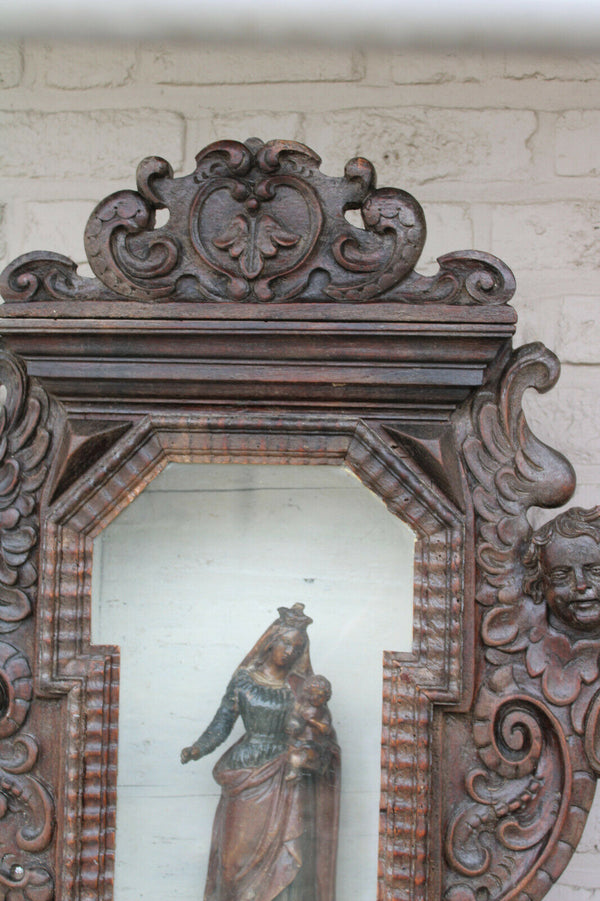 Antique XL 1800 Wood carved church wall chapel angels madonna candle holder rare