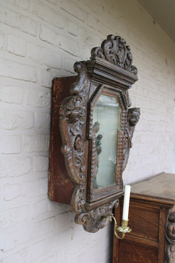 Antique XL 1800 Wood carved church wall chapel angels madonna candle holder rare