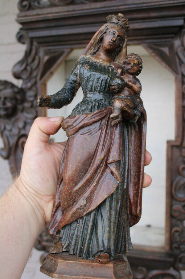 Antique XL 1800 Wood carved church wall chapel angels madonna candle holder rare