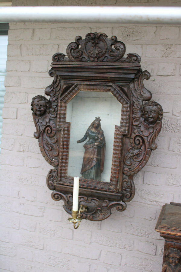 Antique XL 1800 Wood carved church wall chapel angels madonna candle holder rare