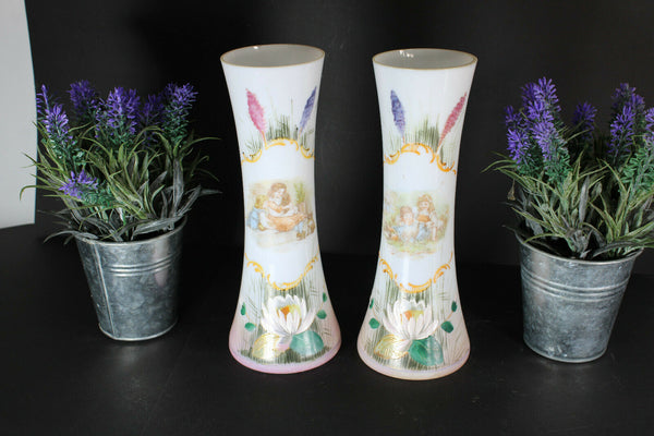 PAIR antique Glass opaline enamel floral romantic decor vases