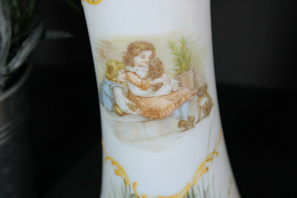 PAIR antique Glass opaline enamel floral romantic decor vases