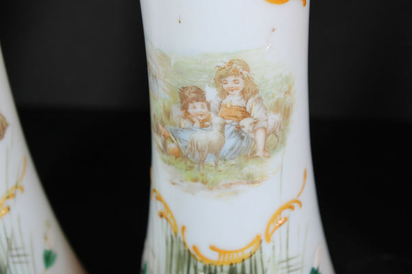 PAIR antique Glass opaline enamel floral romantic decor vases
