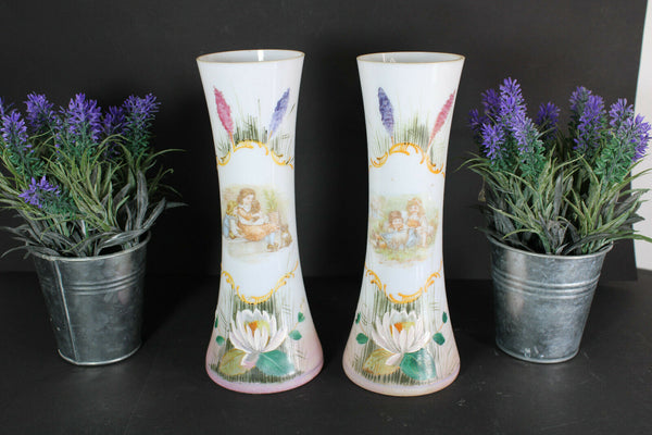 PAIR antique Glass opaline enamel floral romantic decor vases