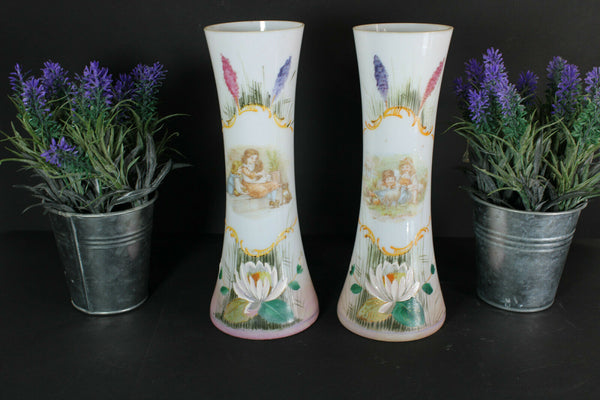 PAIR antique Glass opaline enamel floral romantic decor vases