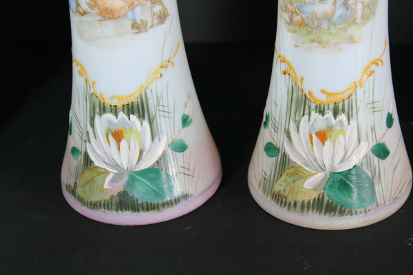 PAIR antique Glass opaline enamel floral romantic decor vases