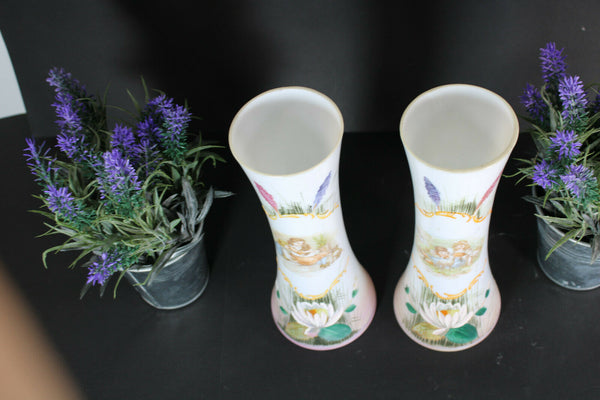 PAIR antique Glass opaline enamel floral romantic decor vases